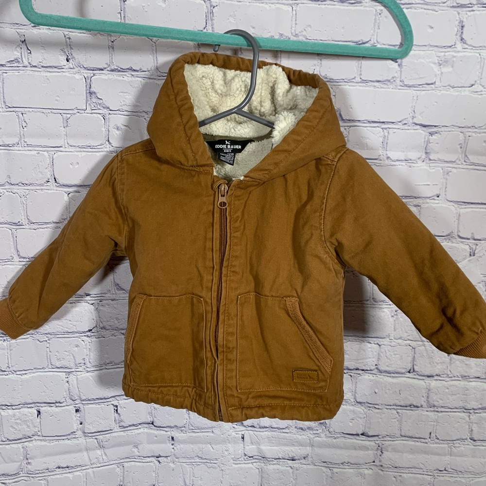 Eddie Bauer Kids Full Zip Sherpa Lined Canvas Coat Tan Size 18M Hooded Outdoor